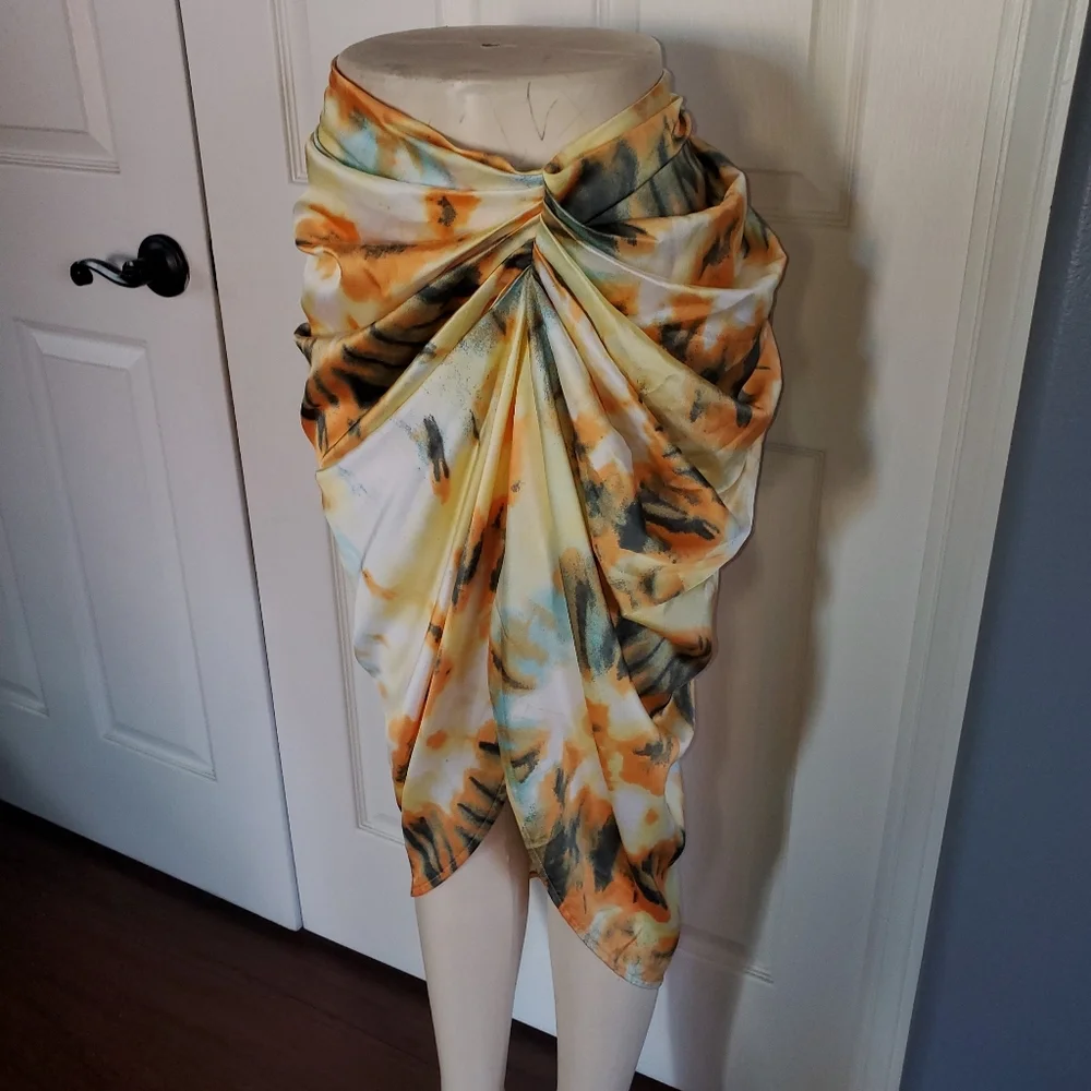 Orange Tie Dye Ruched Side Midi Skirt Open Side Beachy Sexy Sophisticated 6